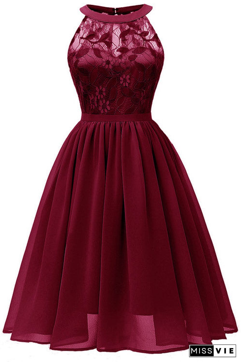 Burgundy Sleeveless A-line Lace Prom Dress