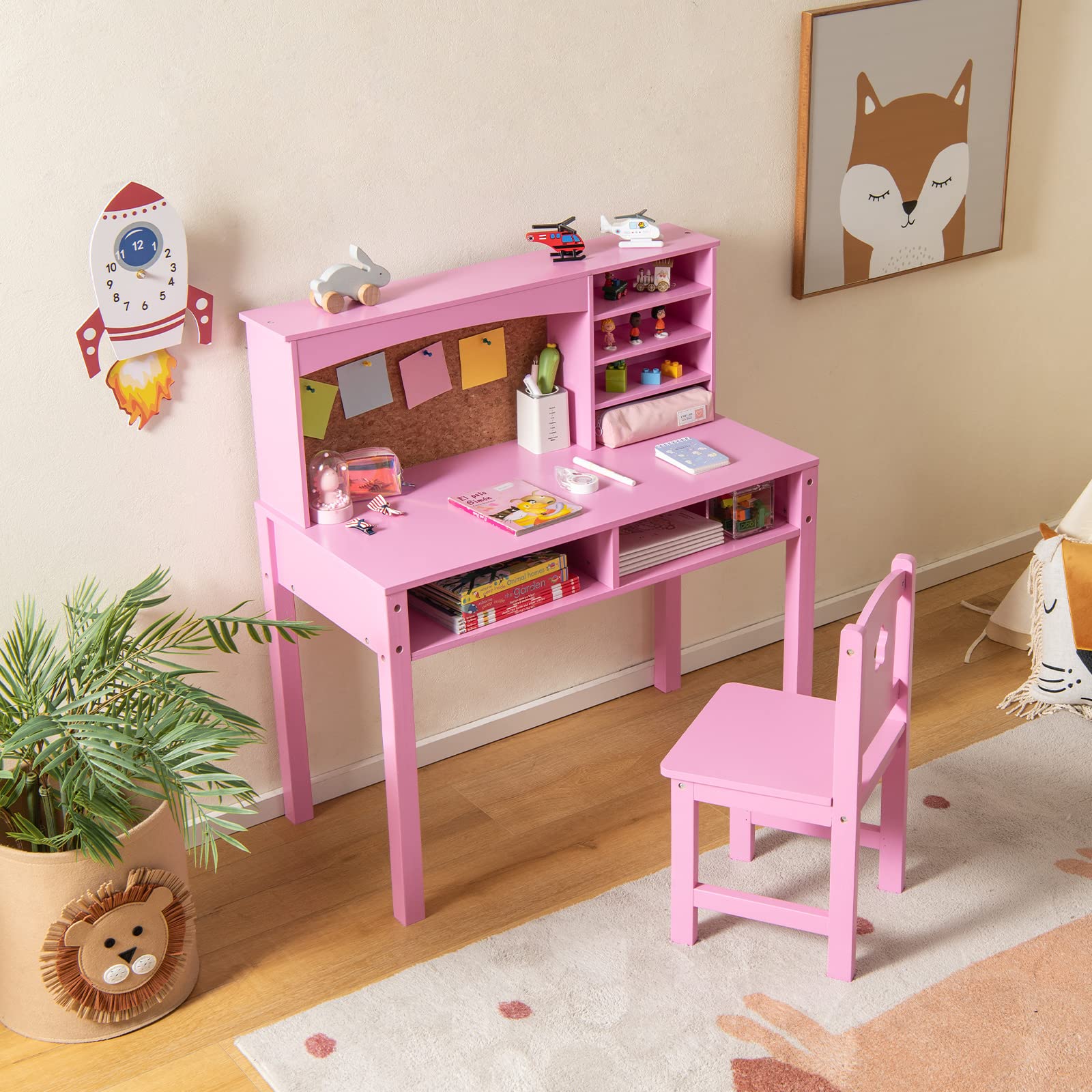 Costzon Kids Desk and Chair Set, Student Study Table with Chair, Hutch, Cork Bulletin Board, Storage Shelves