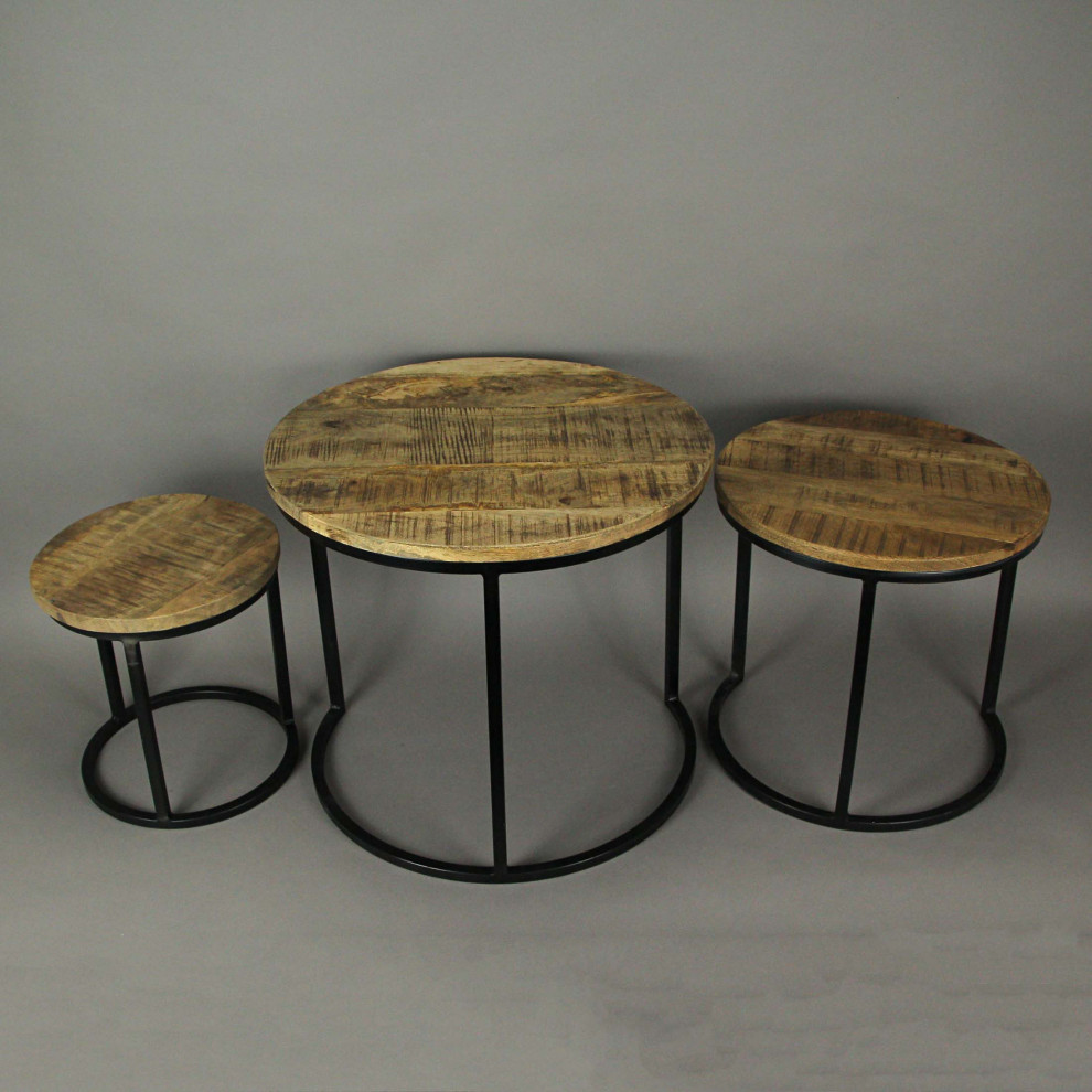 Set of 3 Iron  ampWood Round Nesting End Tables Rustic Accent Furniture Home Deco   Industrial   Coffee Table Sets   by Zeckos  Houzz