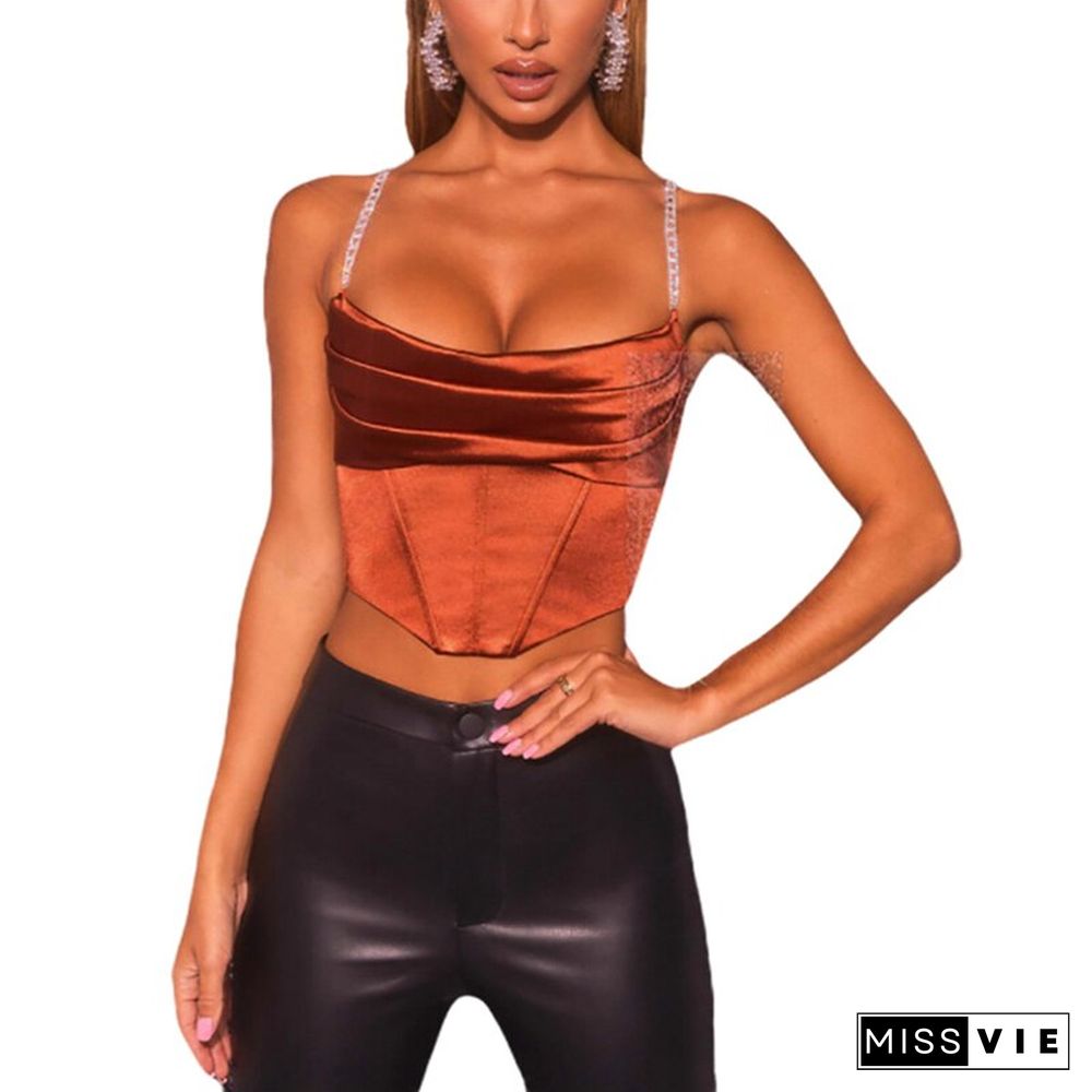 Women\u2022 Fashion Solid Color Camisole Summer Boat Neck Exposed Navel Irregular Chain Suspender Tops Elegant Shirt