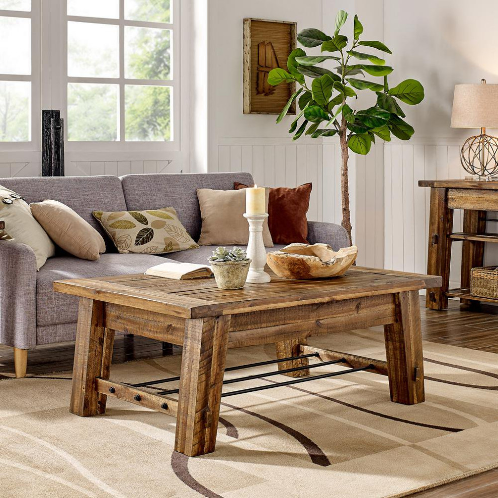 Industrial Coffee Table  Hardwood Construction With Metal Bar Accents  Brown   Rustic   Coffee Tables   by Declusia  Houzz