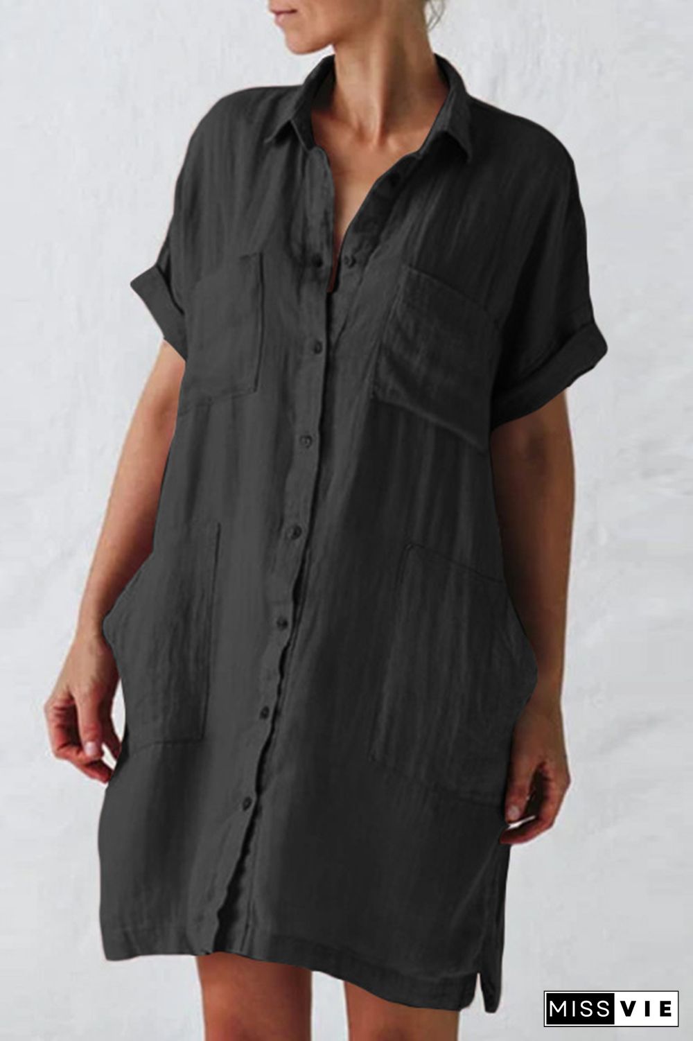 Casual Solid Split Joint Turndown Collar Shirt Dress Dresses(4 colors)