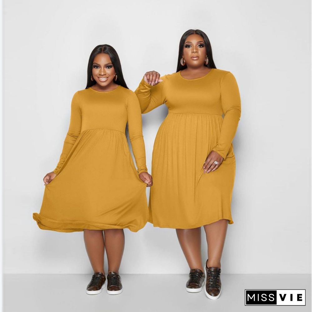 Solid Color Long Sleeve A Line Plus Size Dresses