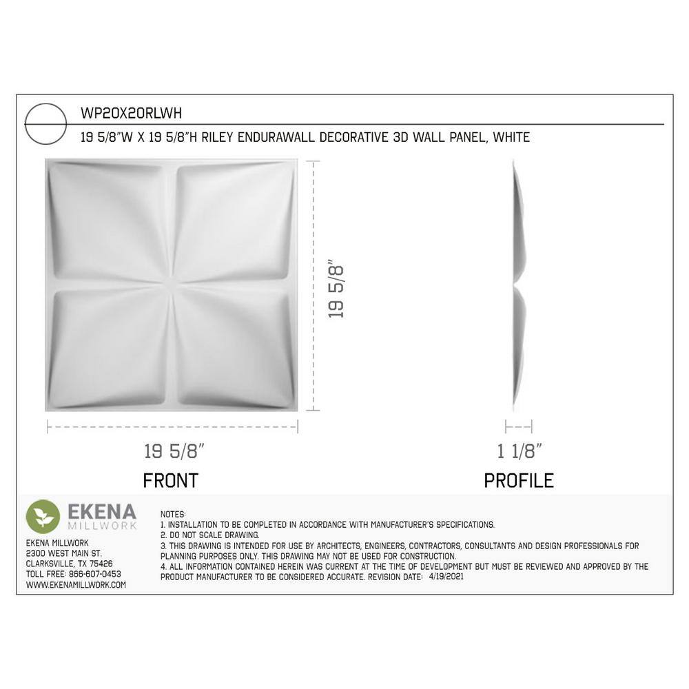 Ekena Millwork 1 in. x 19-58 in. x 19-58 in. White PVC Riley EnduraWall Decorative 3D Wall Panel (2.67 sq. ft.) WP20X20RLWH