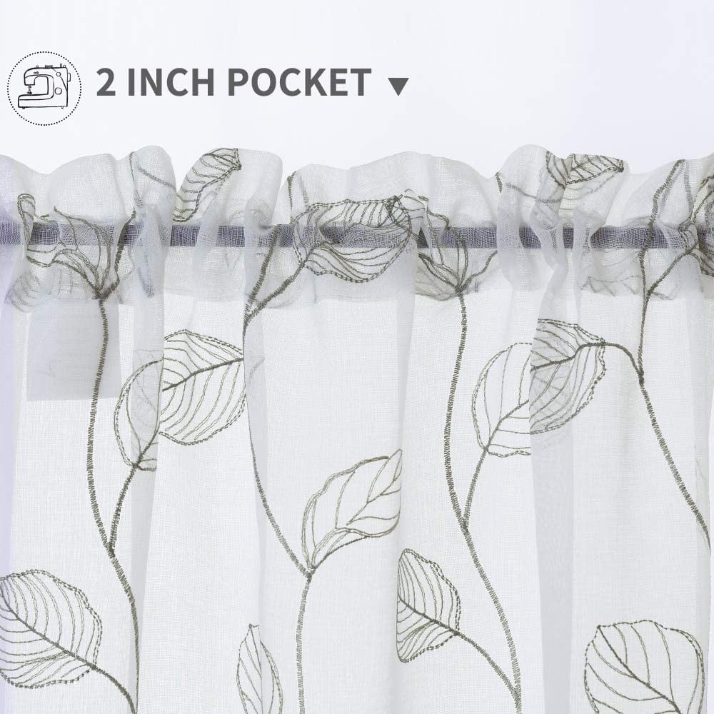 CURTAINKING Kitchen Curtains 36 inch Leaf Embroidered Tiers Kitchen Windows Farmhouse Small Curtains Sheer Tiers Voile Cafe Curtains Rod Pocket 2 Panels Sage on White