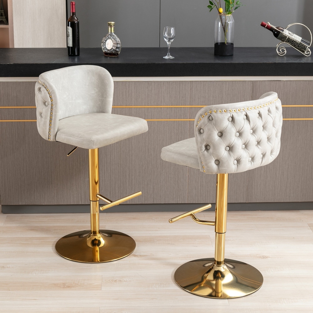 Set of 2 PU Upholstered Swivel Adjustble Bar Stools with Tufted Back