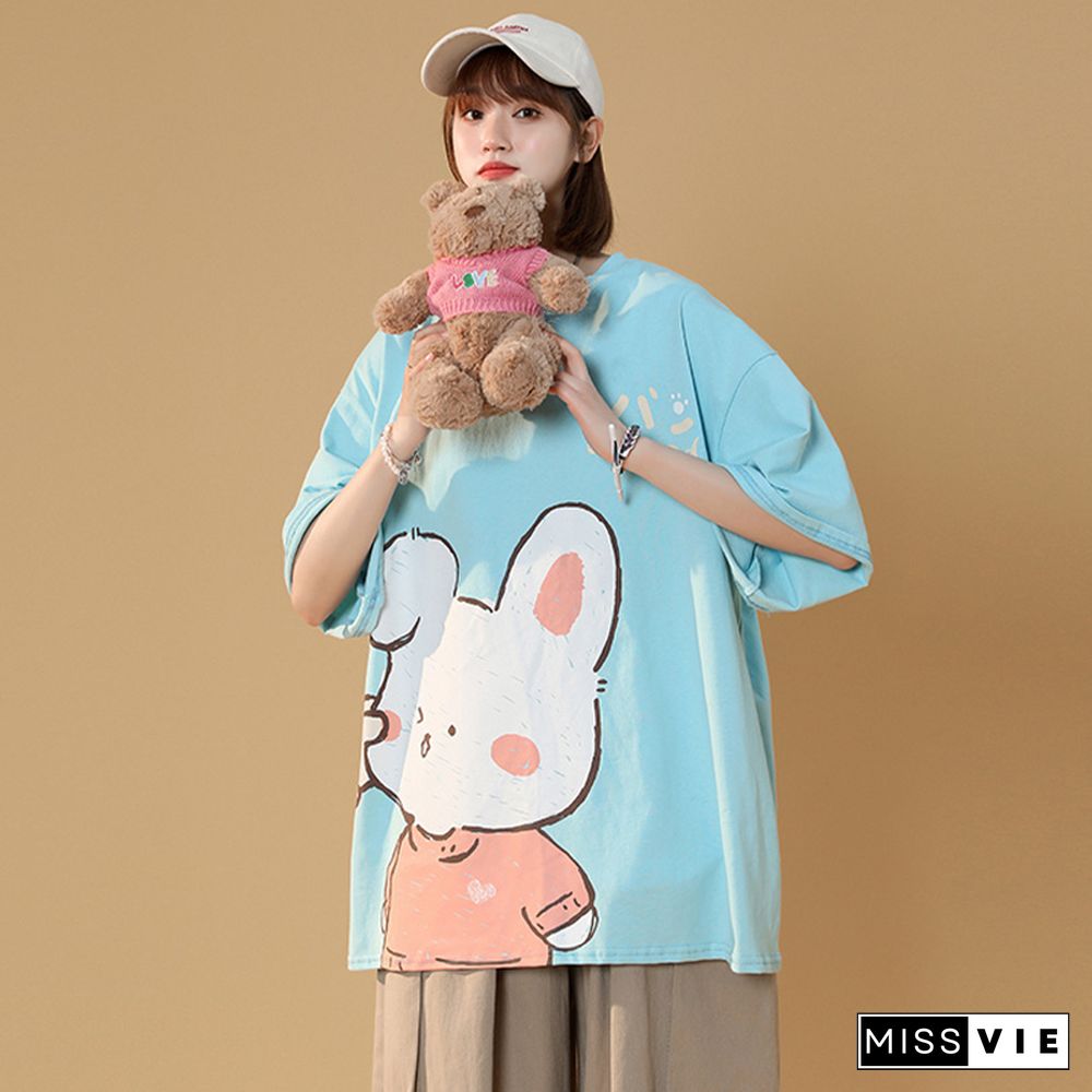 Cartoon Bunny Print Round Collar Casual T-Shirt