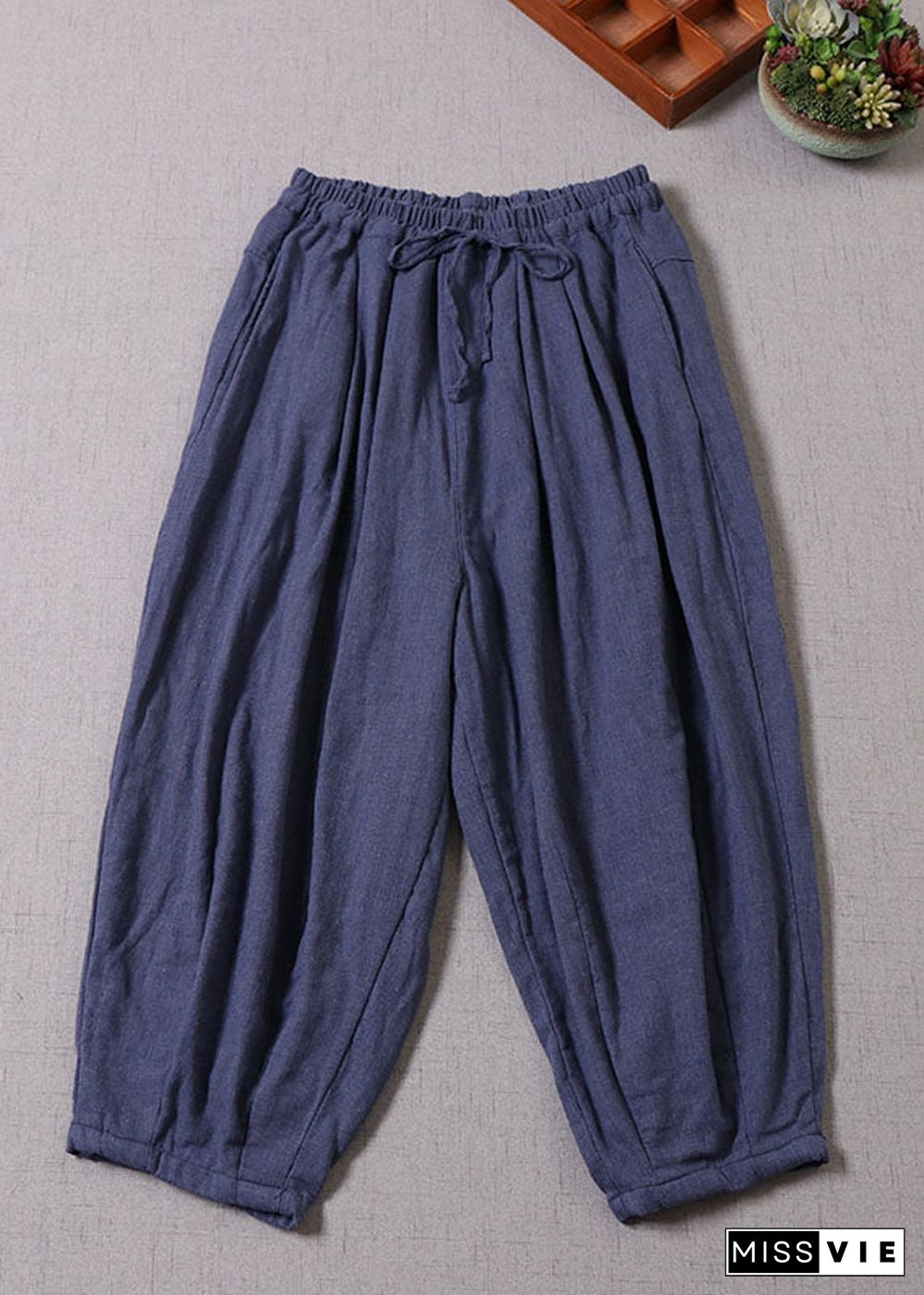 Bohemian Blue Cinched Pockets Cotton harem pants Spring