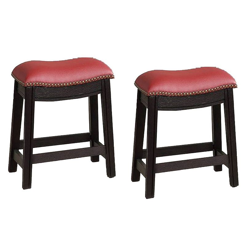 18 Inch Wooden Stool with Upholstered Cushion Seat， Set of 2， Gray and Red