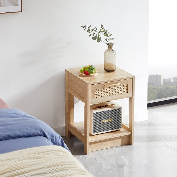 Modern Rattan End table/Side Table with 1 Drawer and 1 Open Shelf