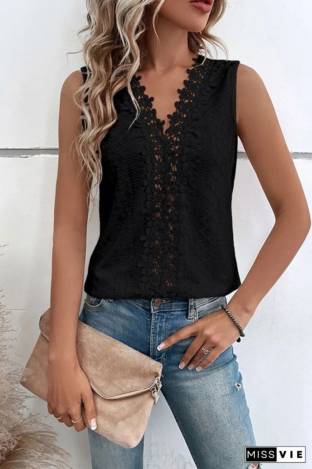 V Neck Jacquard Eyelet Tank Top