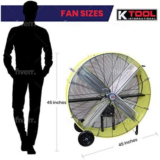 K Tool International 42′′ Belt Drive Drum Fan; Industrial, Garage, Shop, High Speed 2-Speed, Durable, Cut-Off Protection, Easy Mobility Rubber Wheels; SAFETY YELLOW KTI77743