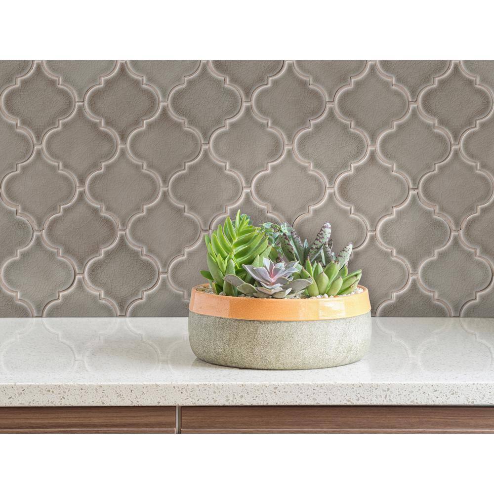 MSI Dove Gray Arabesque 10-12 in. x 15-12 in. x 8 mm Glossy Ceramic Mesh-Mounted Mosaic Wall Tile (11.7 sq. ft.  case) PT-DG-ARABESQ