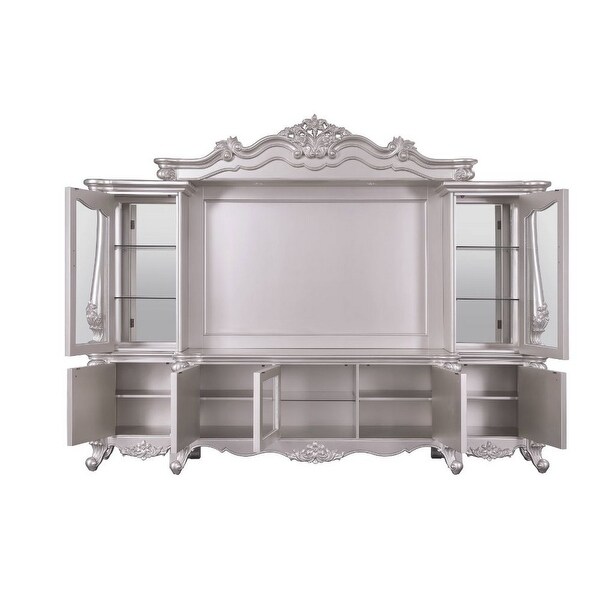 Entertainment Center with Scrolled Crown Top and Queen Anne Feet， Silver