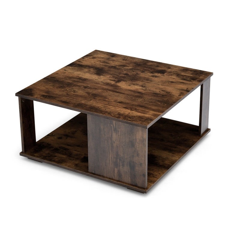 2 Tiers Square Coffee Table with Storage and Non-Slip Foot Pads-Rustic Brown - 31.5