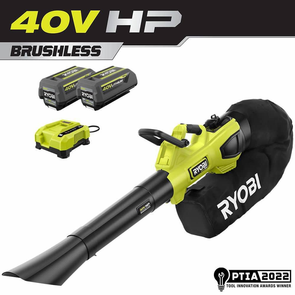 RYOBI 40V HP Brushless 100 MPH 600 CFM Cordless Leaf Blower/Mulcher/Vacuum with (2) 4.0 Ah Batteries and Charger RY404150