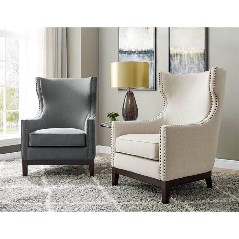 Home Square 2 Piece Linen Accent Chair Set with Nailhead Trim in Beige   Transitional   Armchairs And Accent Chairs   by Homesquare  Houzz