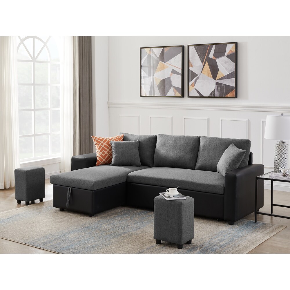 Sectional Sofa Sleeper Sofa with Storage Chaise and 2 Ottomans