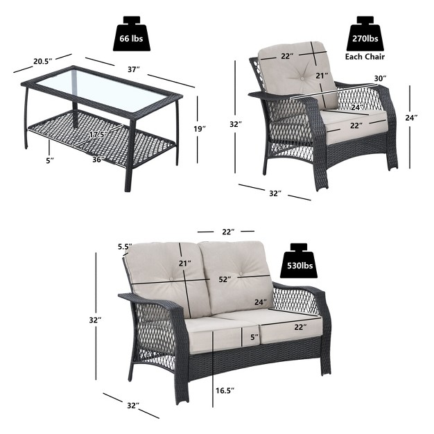 Tangkula 4pcs Patio Rattan Furniture Set Outdoor Conversation Set W tempered Glass Coffee Table Beige