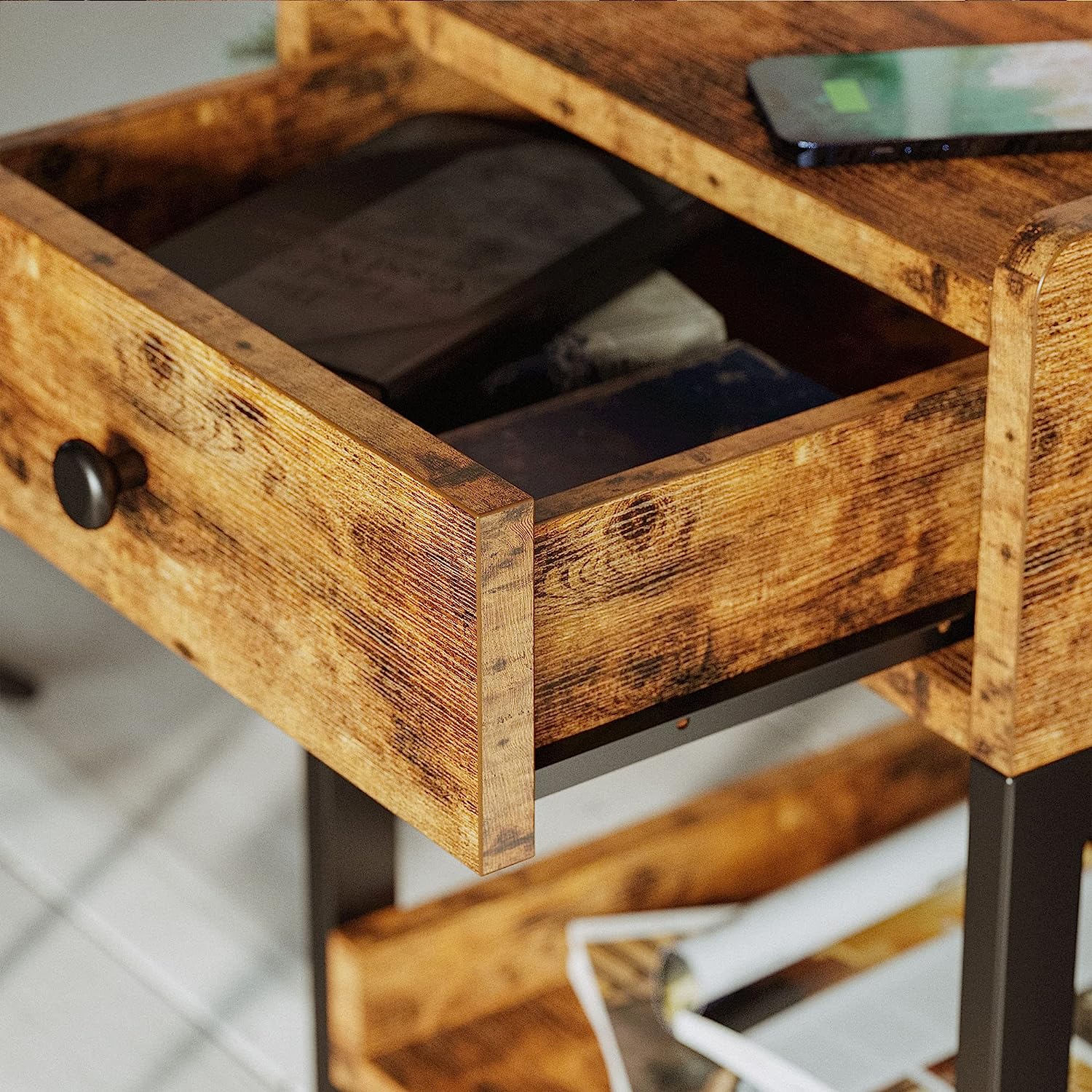 Nightstand Bedside Table with Charging Station, Small End Table with Storage Drawer and Shelf, Vintage Brown