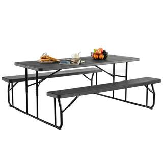 Gardenised 6 ft. Black Outdoor Foldable Woodgrain Picnic Table Set with Metal Frame QI004269.BK