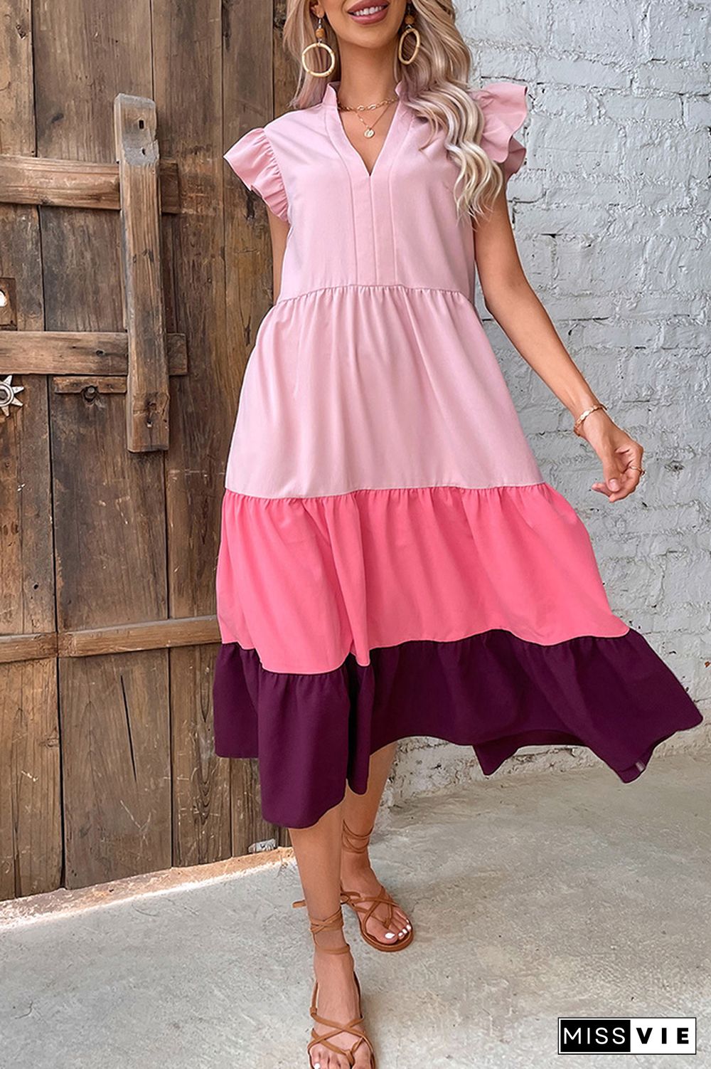 Pink Color Block Flutter Sleeves Tiered Maxi Dress