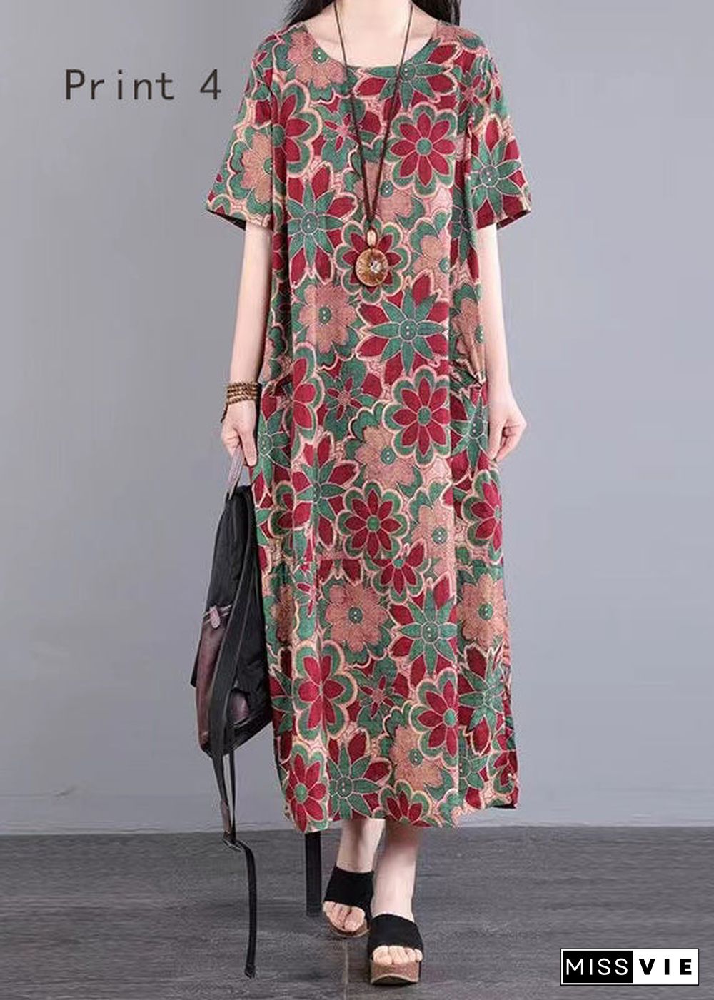 Handmade O Neck Print Patchwork Cotton Long Dress Summer