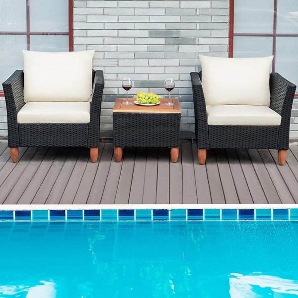 3 Pcs Outdoor Patio Rattan Furniture Set Wooden Table Top Cushioned Sofa