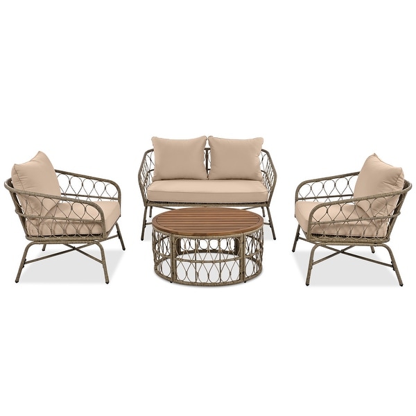 4Piece Wicker Patio Conversation Set with Beige Cushions，With Wood Tabletop