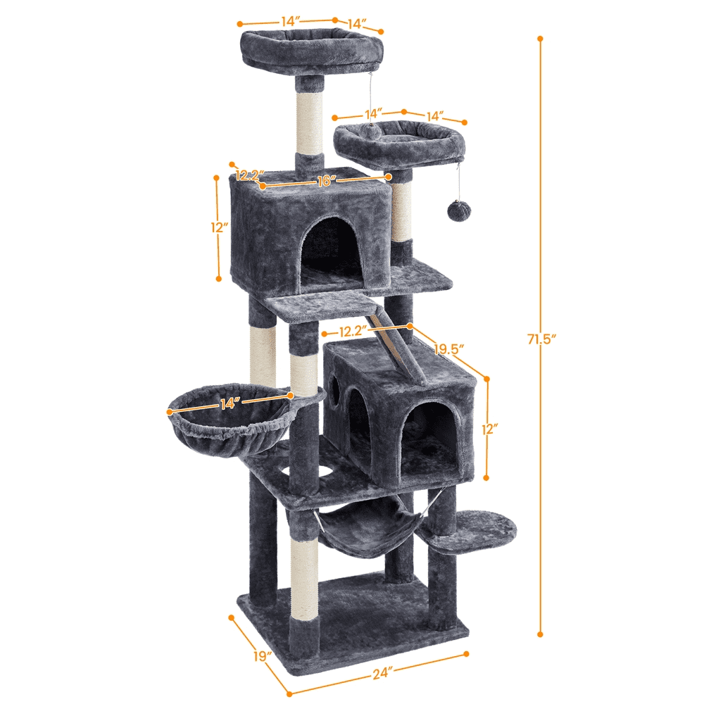 Yaheetech 71'' H Multi-Level Cat Tree Tower with Condos， Dark Gray