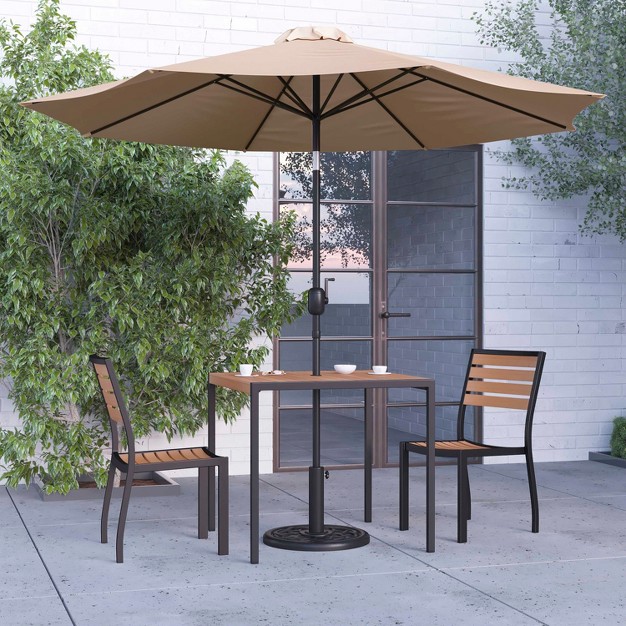 Merrick Lane Five Piece Faux Teak Patio Dining Set Table Two Armless Stacking Club Chairs 9 x27 Gray Umbrella And Base