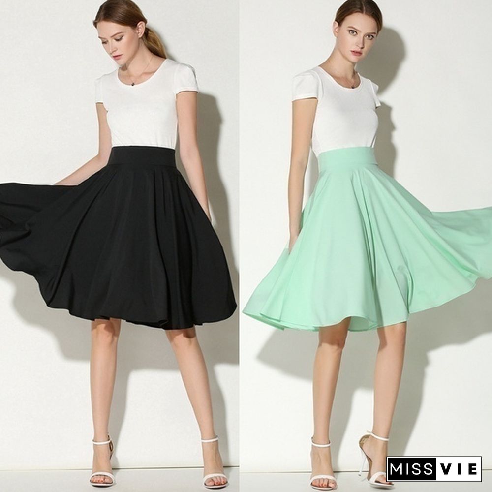 Women Summer Casual A-Line High Waist Skirt Vintage Elegant Pleated Skirt