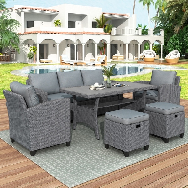 6Piece Outdoor Patio Rattan Wicker Sofa Conversation Set with Cushion and Chair，Stools and Table