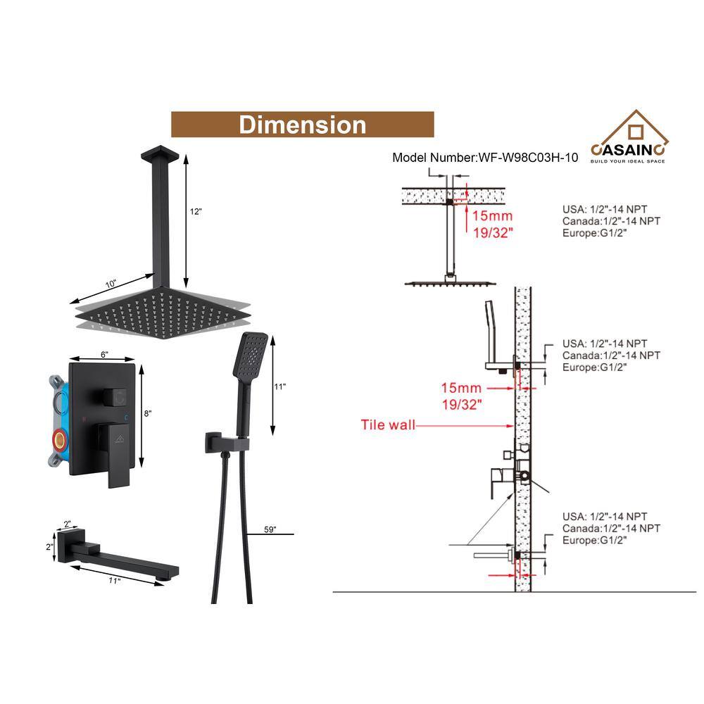 CASAINC 3-Spray Pattern 10 in Ceiling Mount Shower Head Tub Spout and Functional Handheld Matte Black (Valve Included) WF-W98C03H-10