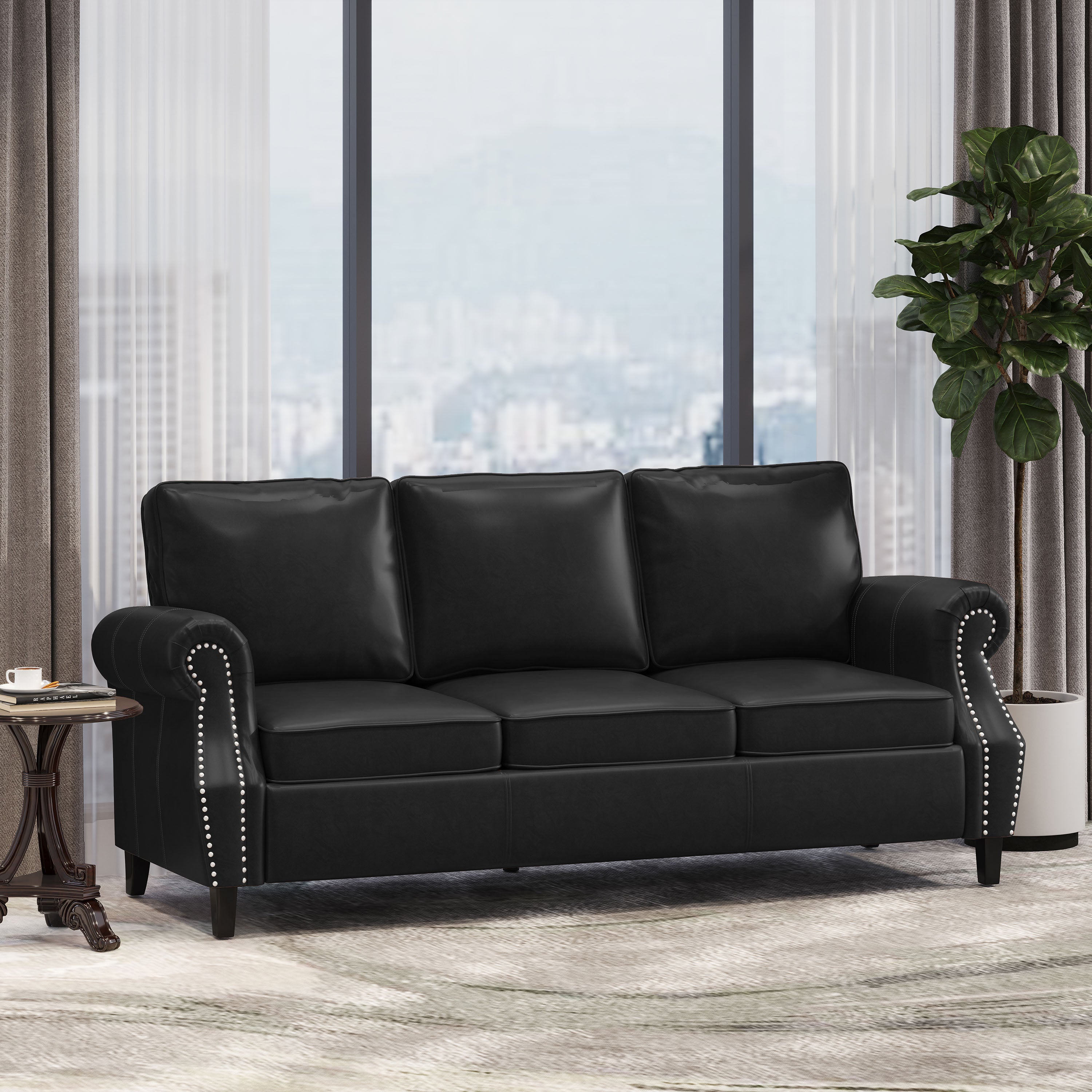 Burkehaven Contemporary Faux Leather 3 Seater Sofa with Nailhead Trim