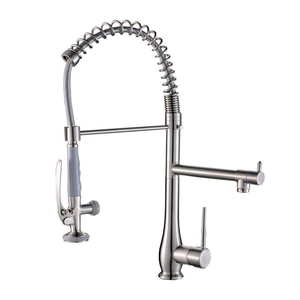 GIVING TREE Single-Handles 2-Spout Commercial Pre-Rinse Spring Pull Down Sprayer Kitchen Faucet in Brushed Nickel HDLTQA0019