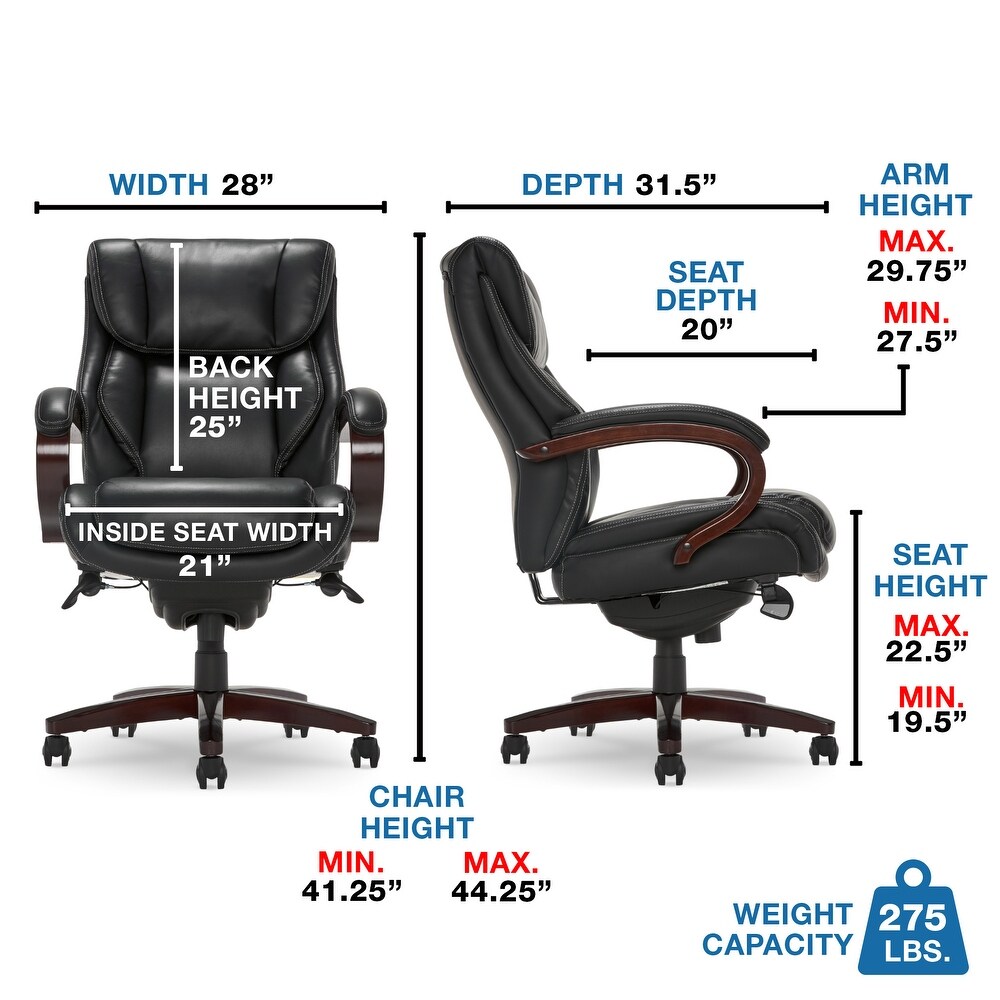 La Z Boy Bellamy Executive Leather Office Chair with Memory Foam Cushions  Solid Wood Arms and Base  Waterfall Seat Edge