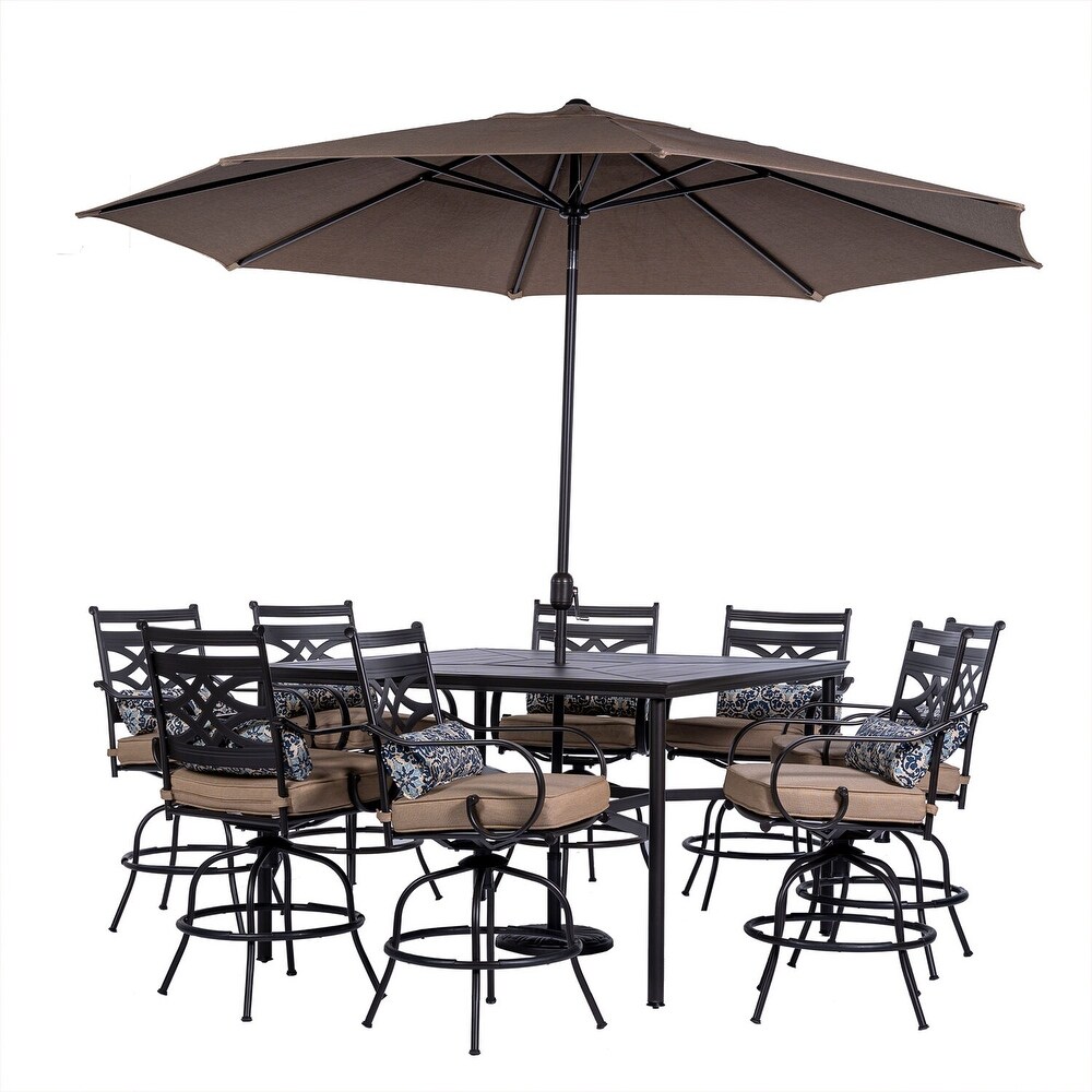 Hanover Montclair 9 Piece High Dining Set in Tan with 8 Counter Height Swivel Rockers  60 In. Square Table and 11 Ft. Umbrella