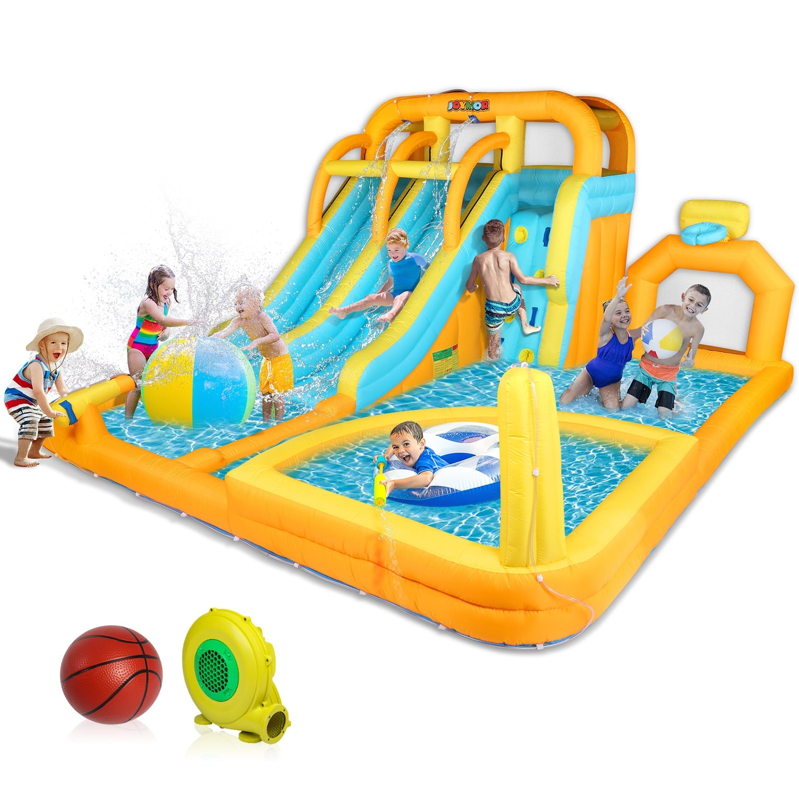 JOYMOR 8-in-1 Inflatable Water Slide Park w/ Splash & Deep Pool, Double Long Water Slides, Climbing Wall, Giant Blow up Bounce House for Kids  Backyard Party Age 3-12 (Included 750w Blower)