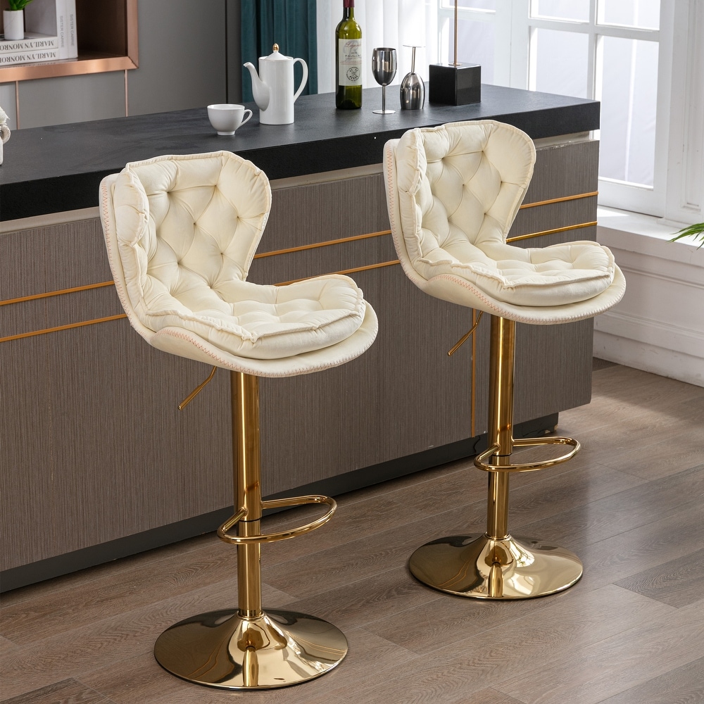 Set of 2 Bar Stools with Chrome Footrest and Base Swivel Height Adjustable