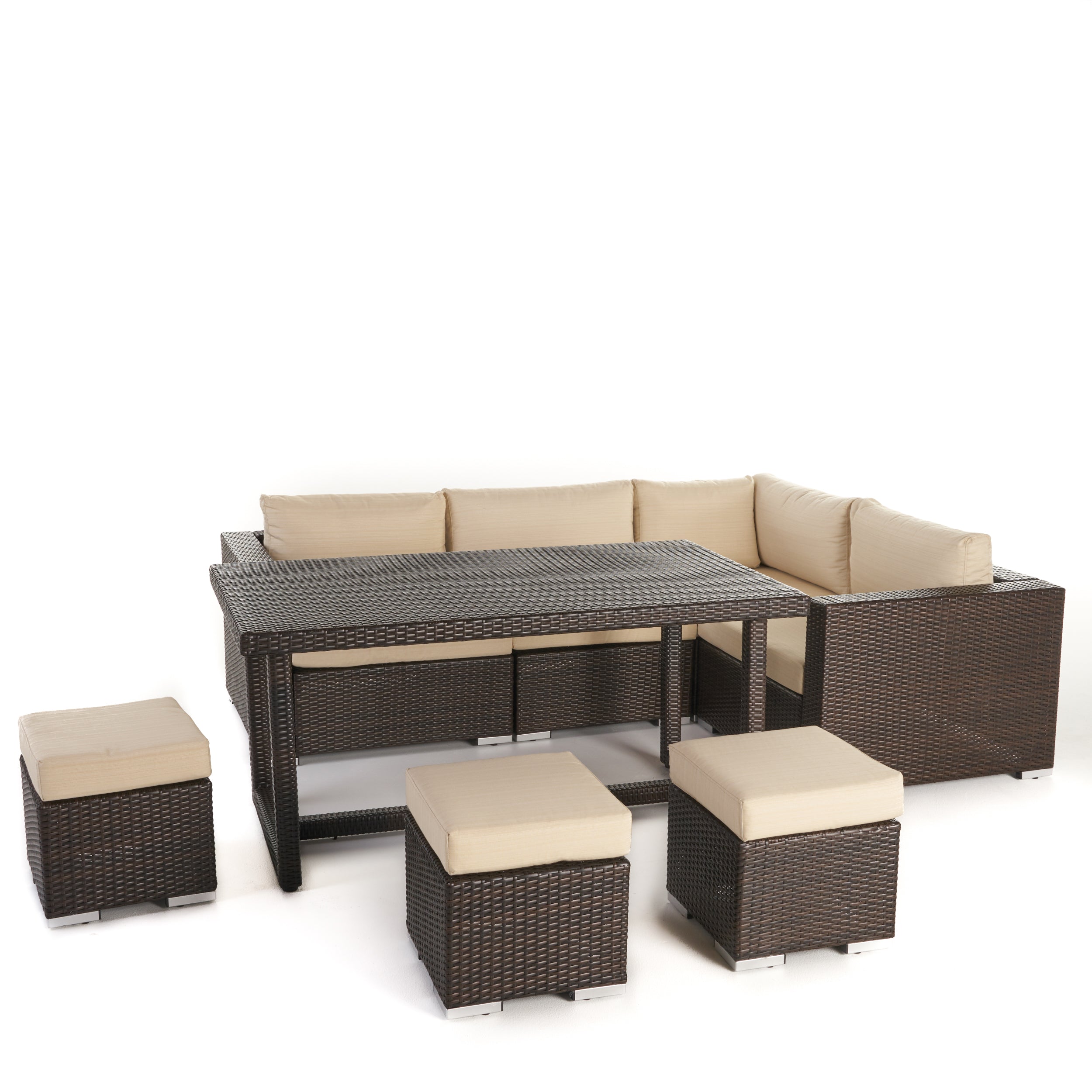 Santa Rosa Outdoor 7 Seat Dining Sofa and Ottoman Set with Aluminum Frame