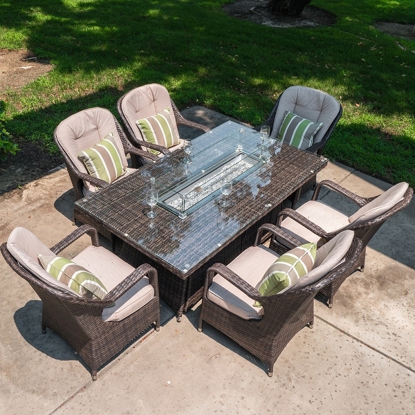 7Pc Outdoor Wicker Rectangular Gas Fire Pit Table Set with 6 Armchairs (Including Rain Cover)