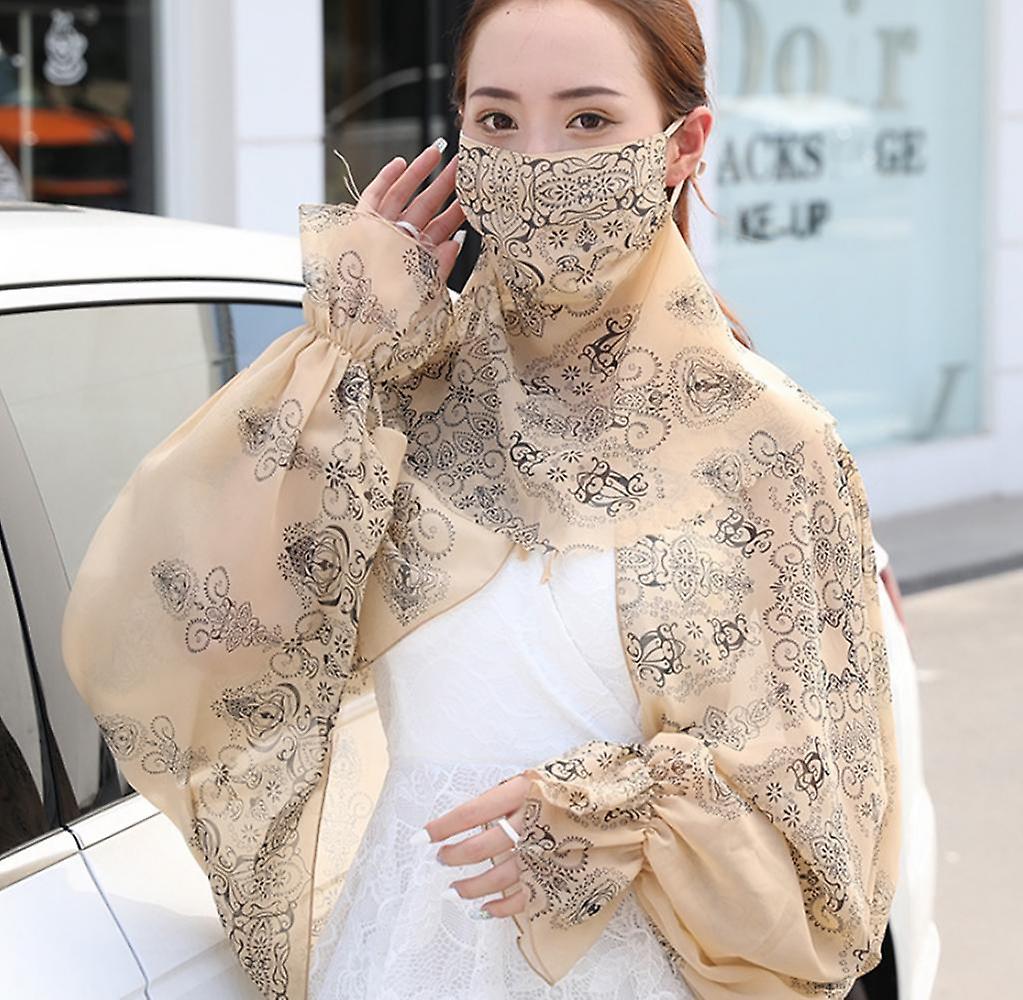 Women Chiffon Long Arm Sleeves Anti-uv Cloak With Mask Finger Hole Shawl