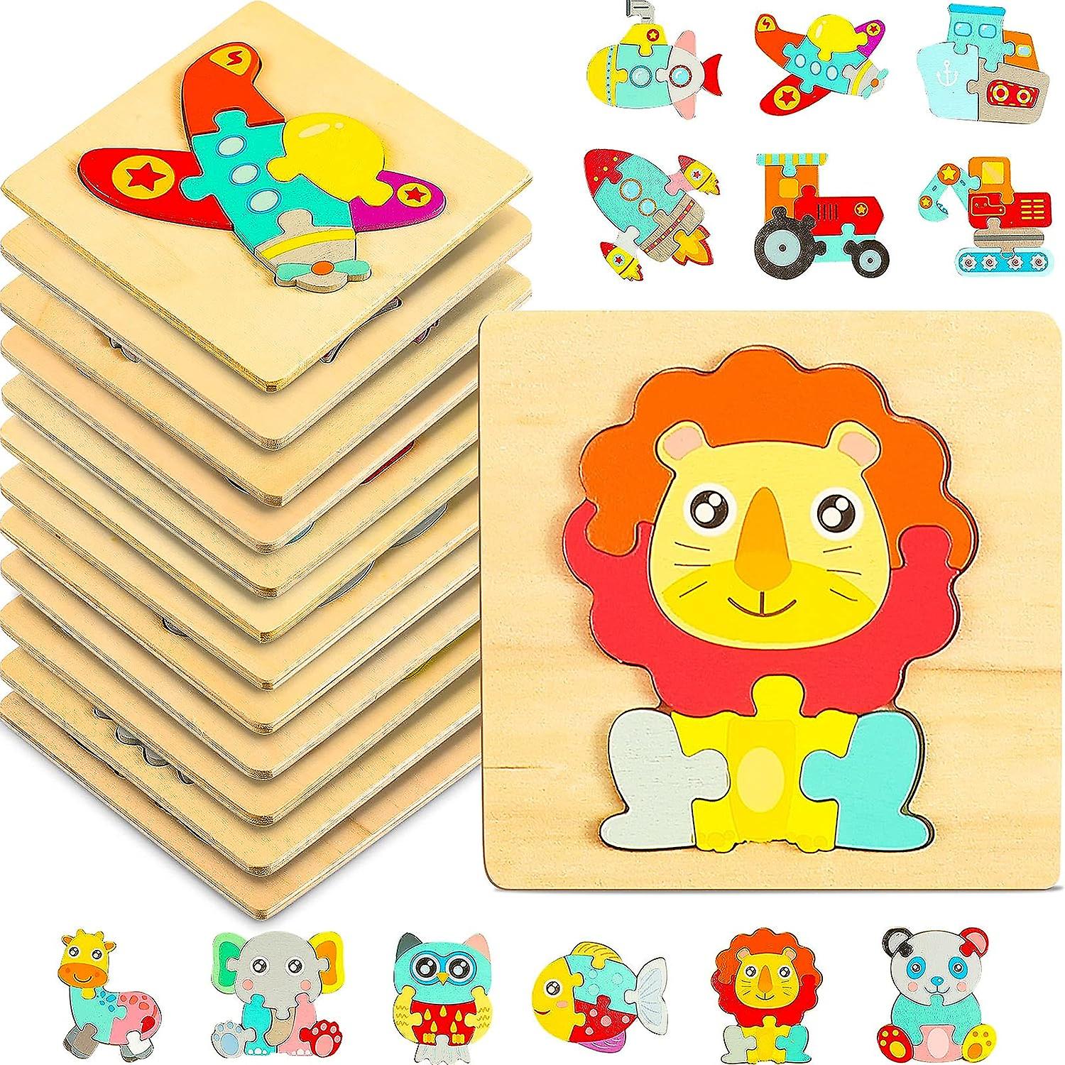 12 Pieces Wooden Jigsaw Puzzles For Toddlers， Includes 6 Wooden Vehicle Car Puzzle And 6 Animal Jigsaw Puzzles Educational Learning Toys For Ages 1-3