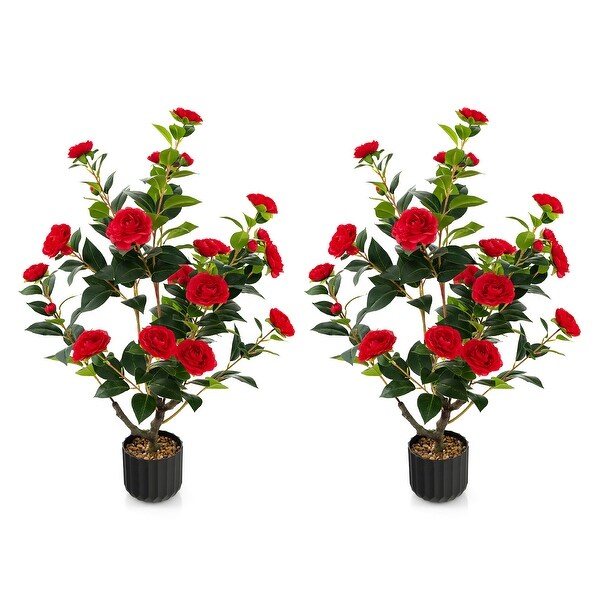 38 Inch Artificial Camellia Tree Faux Flower Plant in Cement Pot