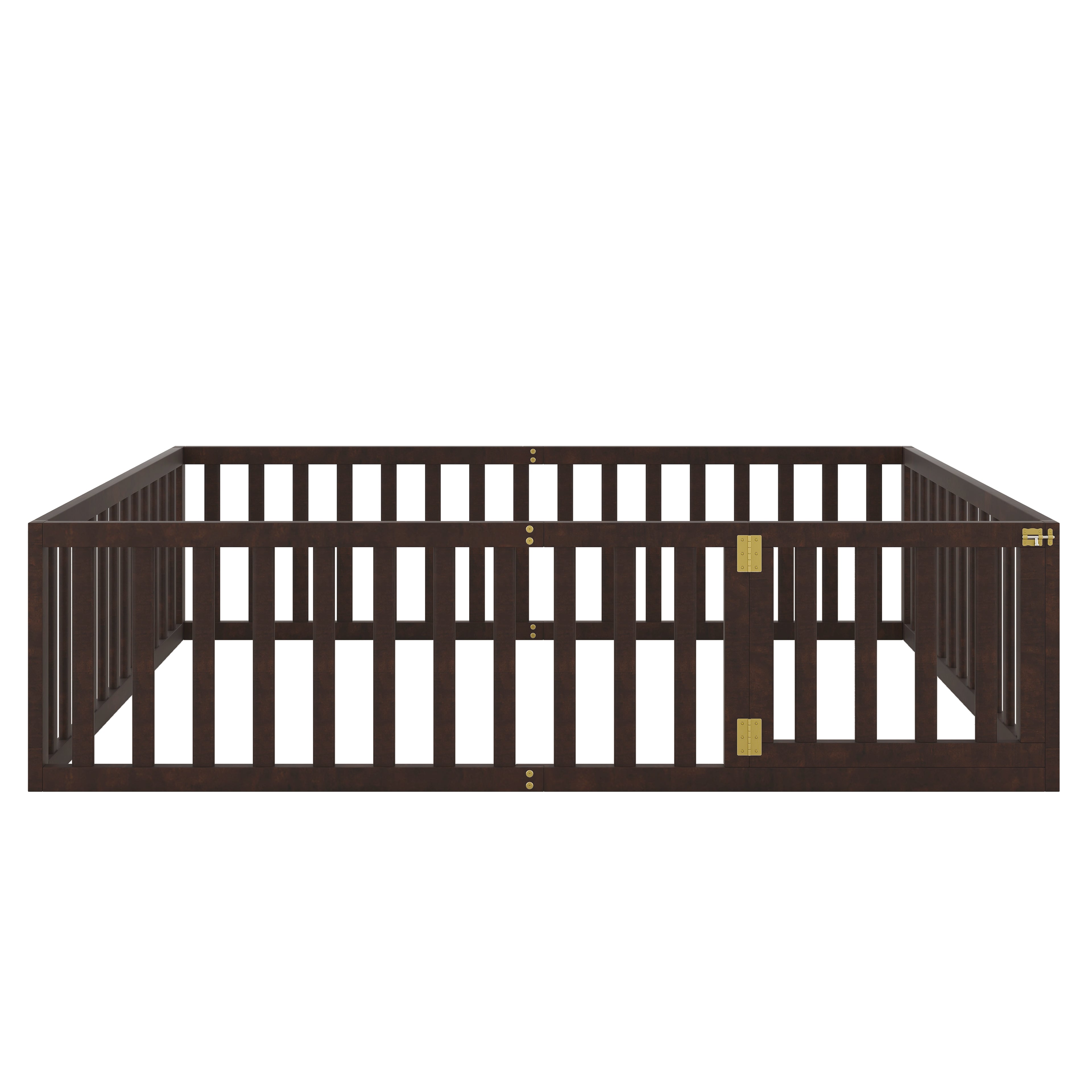 uhomepro Queen Floor Bed Frame for Toddlers, Floor Kids Bed with Fence and Door, Low Wood Beds for Girls Boys, Walnut