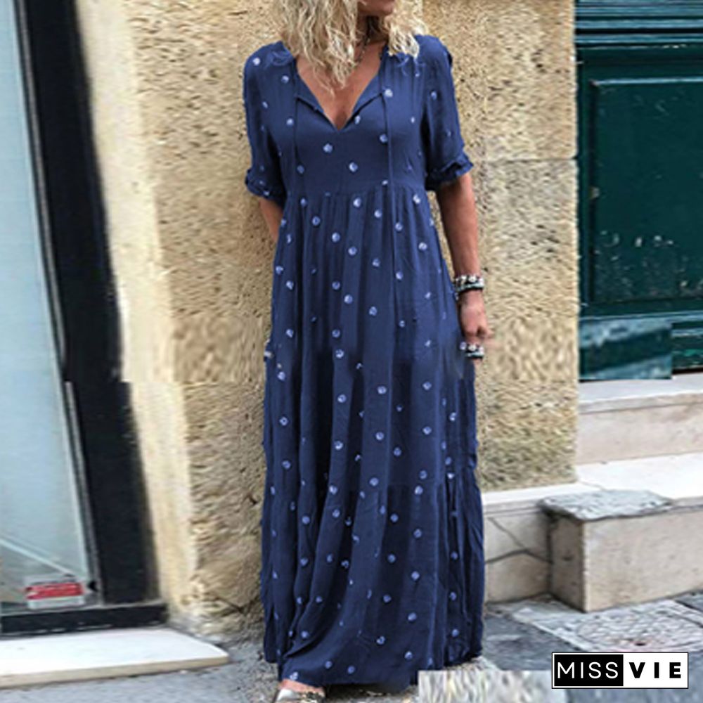 Fall Winter New Women Short Sleeve Boho Dress Vintage Loose Polka Dot Print V-Neck Long Dress Casual Harajuku Party Dress Mujer