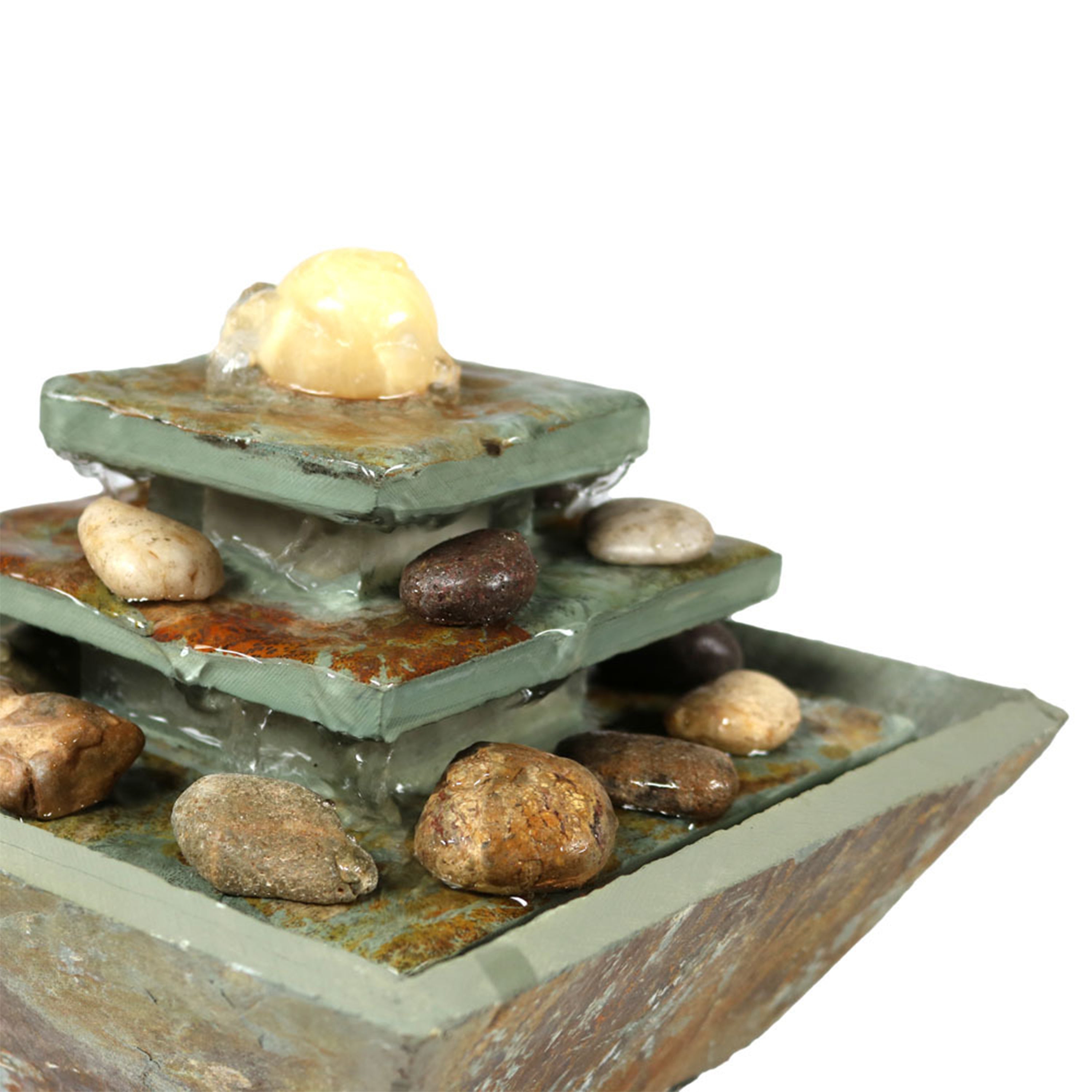 Sunnydaze Indoor Home Office Slate and Polished Stone Ball Tiered Tabletop Water Fountain with LED Light - 8