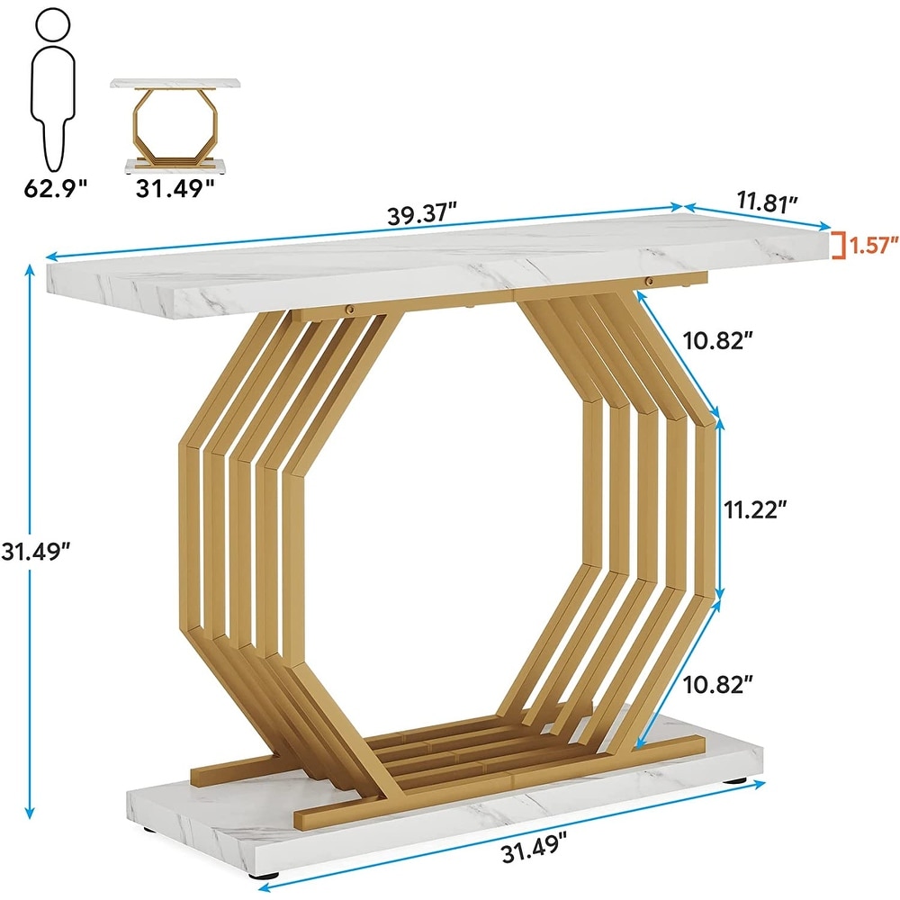 Gold Console Table  Faux Marble Entryway Table Narrow Sofa Table   40 Inch Modern Accent Table with Geometric Metal Base