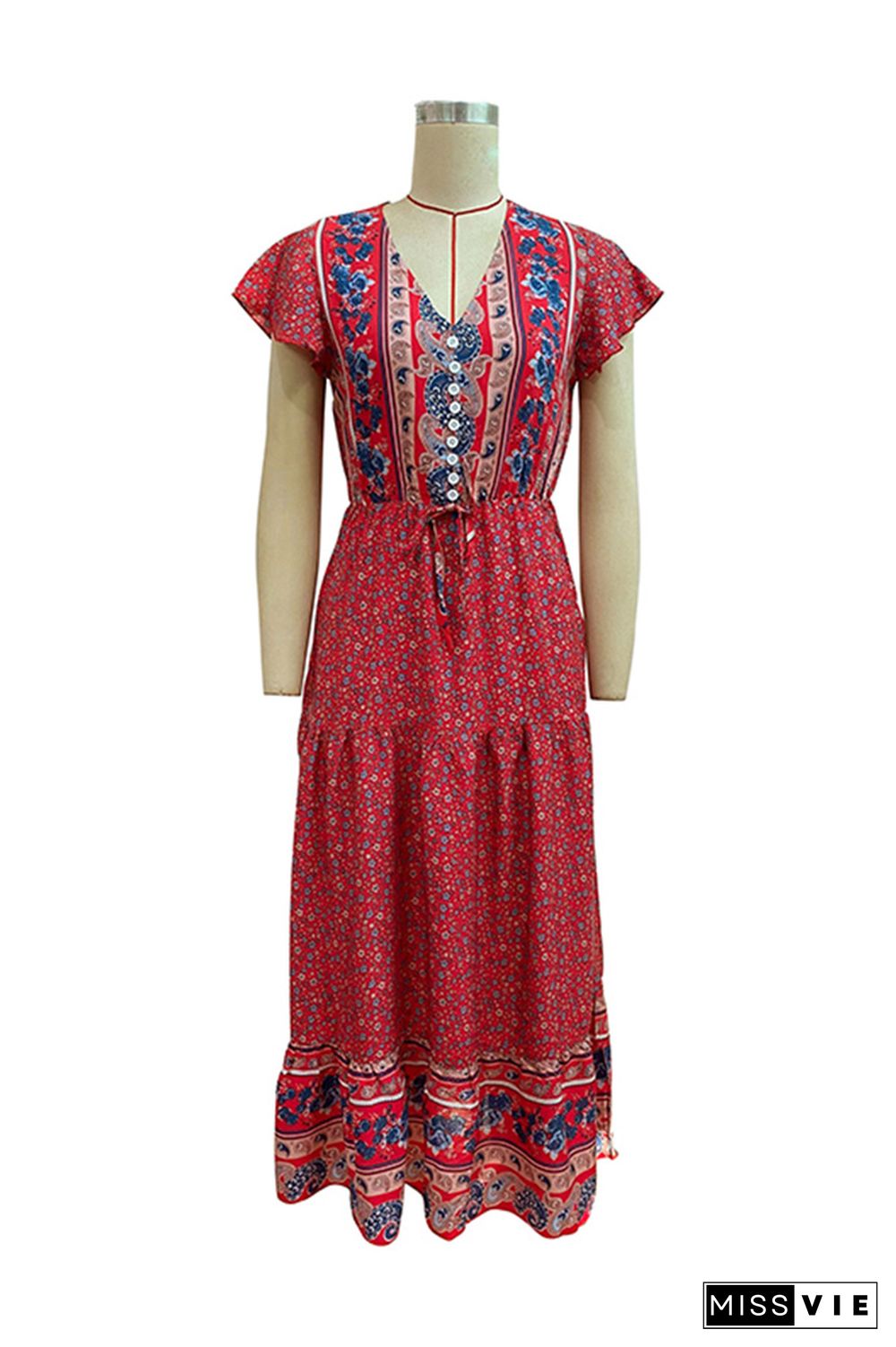 Red Floral V Neck Buttoned Bohemian Maxi Dress